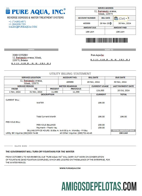 Conta de serviços públicos da Bielorrússia Pure Aqua Inc. exemplo